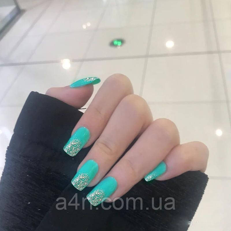 Накладні нігті білі та бірюзові з блискітками 24 шт.+ клей для нігтів, типси квадрат для манікюру, фото 1