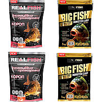 Набір прикормок Real Fish Короп Кисла груша 1 кг 2 упаковки + Біг Фіш короп тигровий горіх 1 кг 2 упаковки