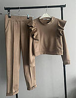 Детский замшевый демисезонный костюм брюки кофта волан для девочки подростка модный мокко