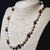 Бусы ожерелье 100% натуральные жемчуг сапфиры и рубины вес 44г