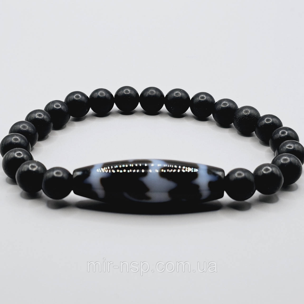 Браслет чоловічий 100% натуральний шунгіт 8 мм та намистина Дзі 5 кажанів, фото 1