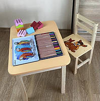 Столик с ящиком и стульчик детские желтый олененок. Для игры, учебы,рисования.