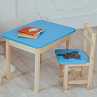 Стіл із шухлядою і стілець дитячий синій із зображенням слоник. Для навчання, малювання, гри.