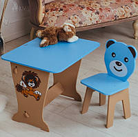 Детский столик - парта, рисунок зайчик и стульчик медвежонок синий. Для игры, учебы, рисования.