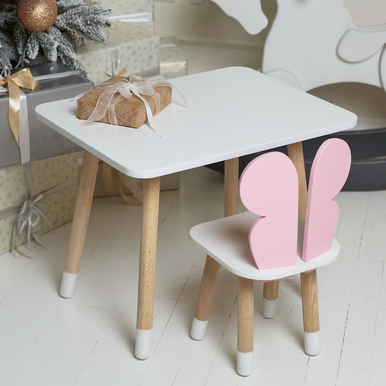 Дитячий прямокутний стіл та стільчик рожевий метелик з білим сидінням. Дитячий  білий столик
