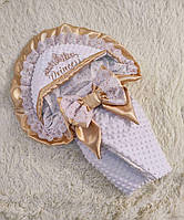 Дитячий плед-конверт з капюшоном на виписку/прогулянку плюш із вишивкою та рюшами "Princess" білий