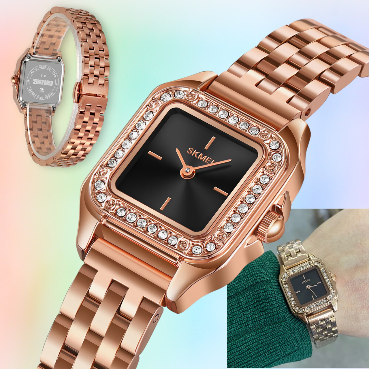 Годинник жіночий класичний рожеве золото зі стразами квадратний жіночий металевий годинник рожеве золото
