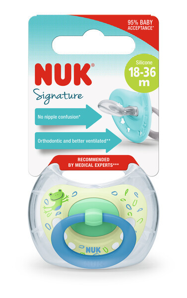 Пустушка ортодонтична силіконова SIGNATURE листочки/жабка NUK, 18-36 місяців, фото 1