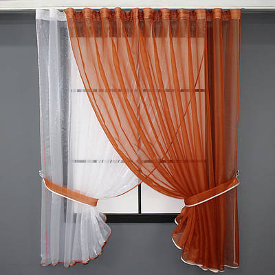 Кухонний комплект (320х170см.), шторки з підв'язками. Колір теракотовий з білим. Код 101к 52-0414