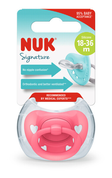 Пустушка ортодонтична  силіконова  SIGNATURE рожеві серця NUK, 18-36 місяців
