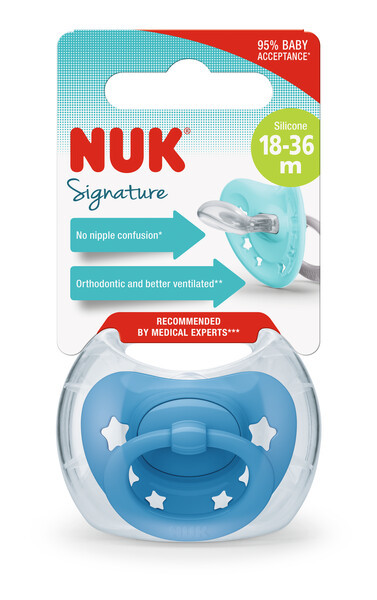 Пустушка ортодонтична  силіконова  SIGNATURE сині зірки NUK, 18-36 місяців