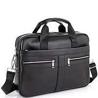 Сумка-портфель мужская Tiding Bag для ноутбука и документов из черной кожи с четырьмя наружными карманами