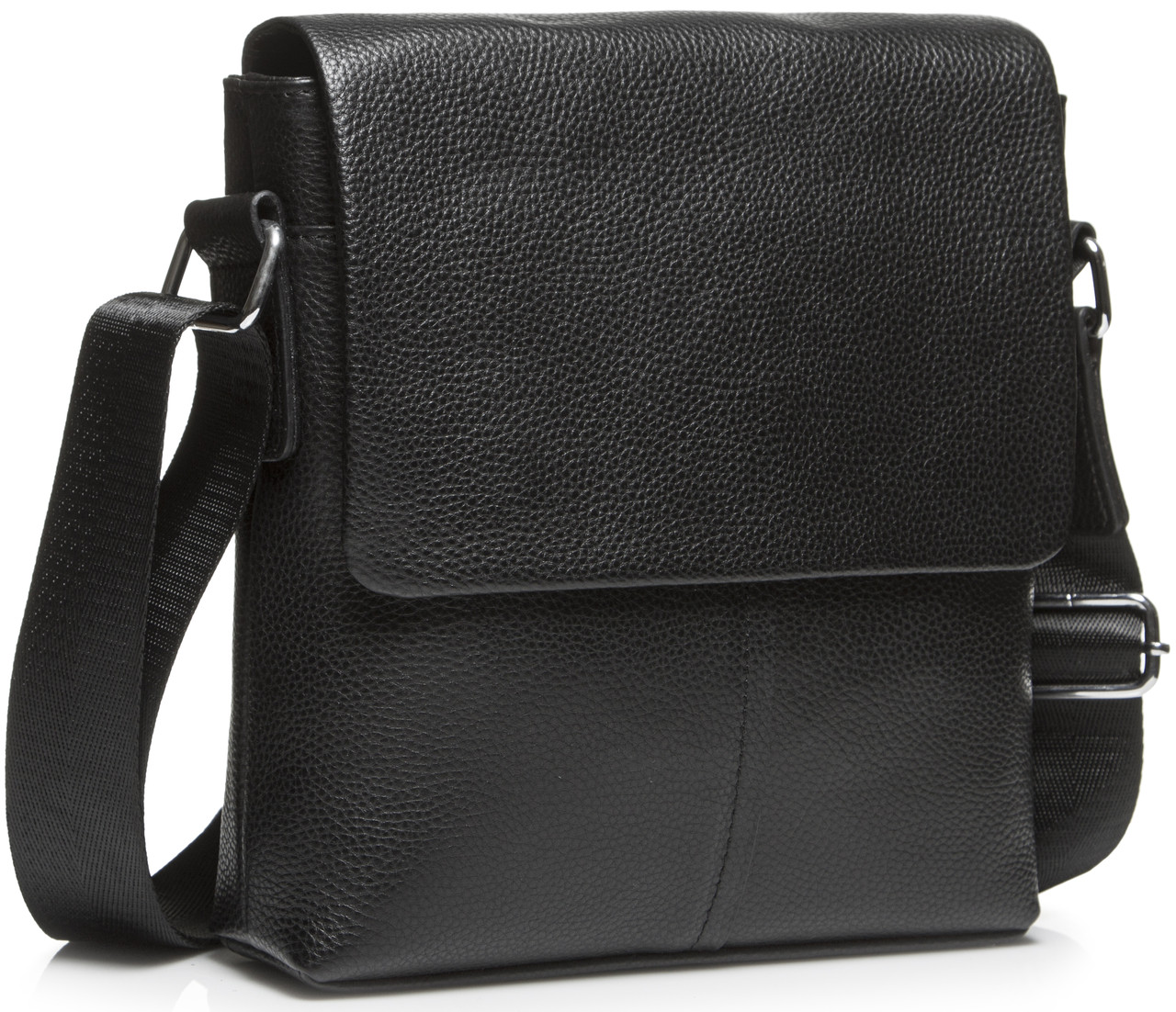 Чорна чоловіча сумка Tiding Bag через плече з натуральної шкіри з двома внутрішніми відділеннями