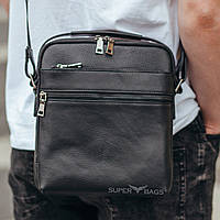 Мужская черная сумка Tiding Bag из натуральной кожи с внешними карманами и карманом для мелочи