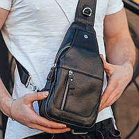 Мужская черная сумка-слинг Tiding Bag из натуральной кожи на одно плечо с накладным карманом