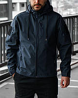 Мужская куртка Soft Shell с капюшоном темно-синяя до -0*С Ветровка на флисе весенняя осенняя (G)