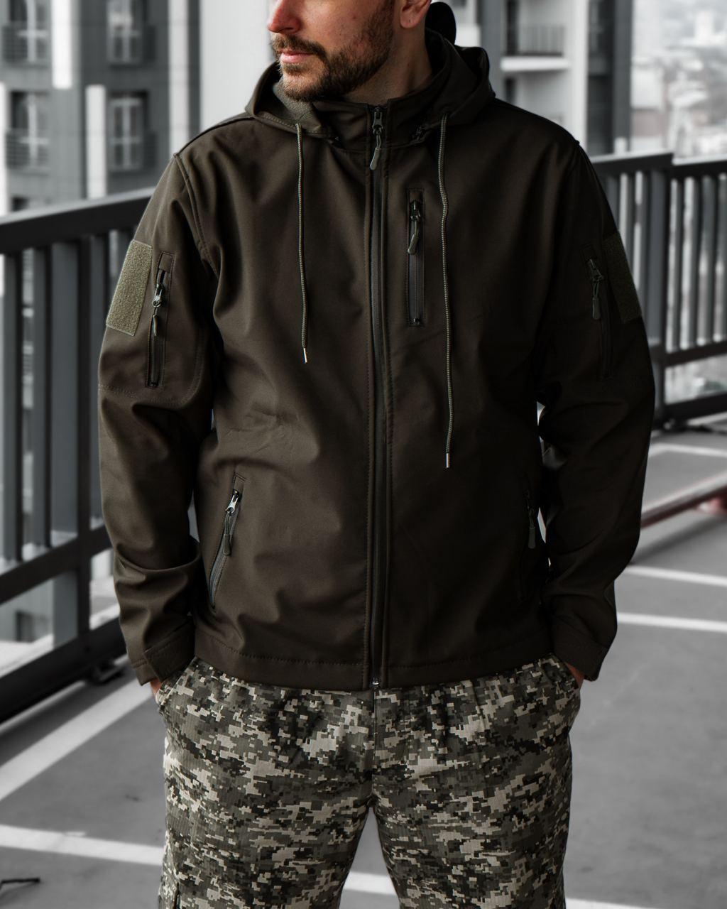 Чоловіча куртка Soft Shell із капюшоном хакі до -0*С Вітровка на флісі весняна осіння (G)