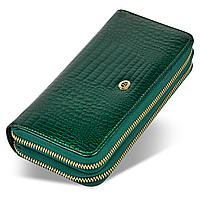 Зеленый лаковый кошелек-клатч из натуральной кожи на две молнии с ремешком для руки ST Leather S5001A