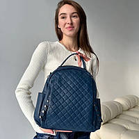 Синий кожаный женский рюкзак Tiding Bag с квадратным узором и двумя отделениями