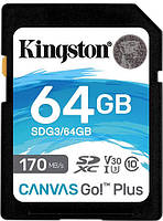 Kingston 64GB SDXC Canvas Go Plus 170MB/s Read UHS-I, C10, U3, V30 Memory Card (SDG3/64GB)