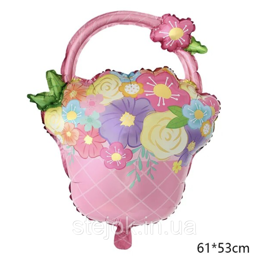 Фольгована куля корзинка з квітами рожева 61 на 53 см, фото 1