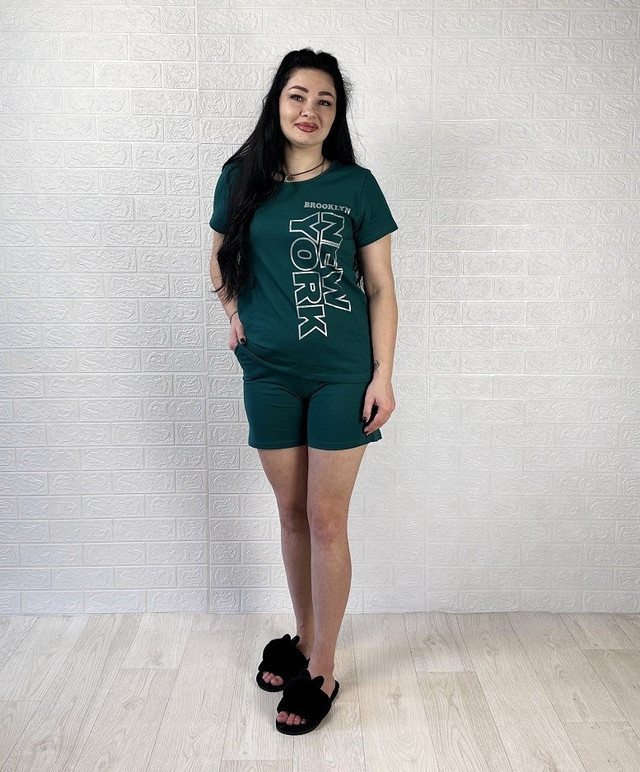 Пижама футболка с шортами женская для дома летняя зеленый р.44-58