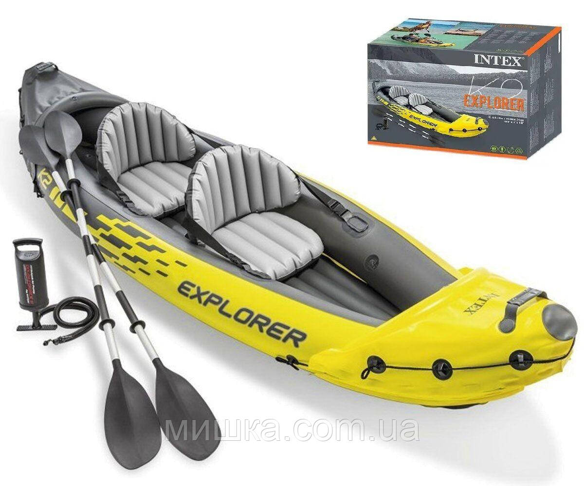 Двомісна надувна байдарка (каяк) Explorer K2, 312*91 см, Intex 68307 (весла, ручний насос)