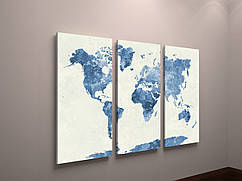 Настінний декор в інтер'єр картина на холсті Оригінальна Карта світу Континенти 90х60 з 3х частин