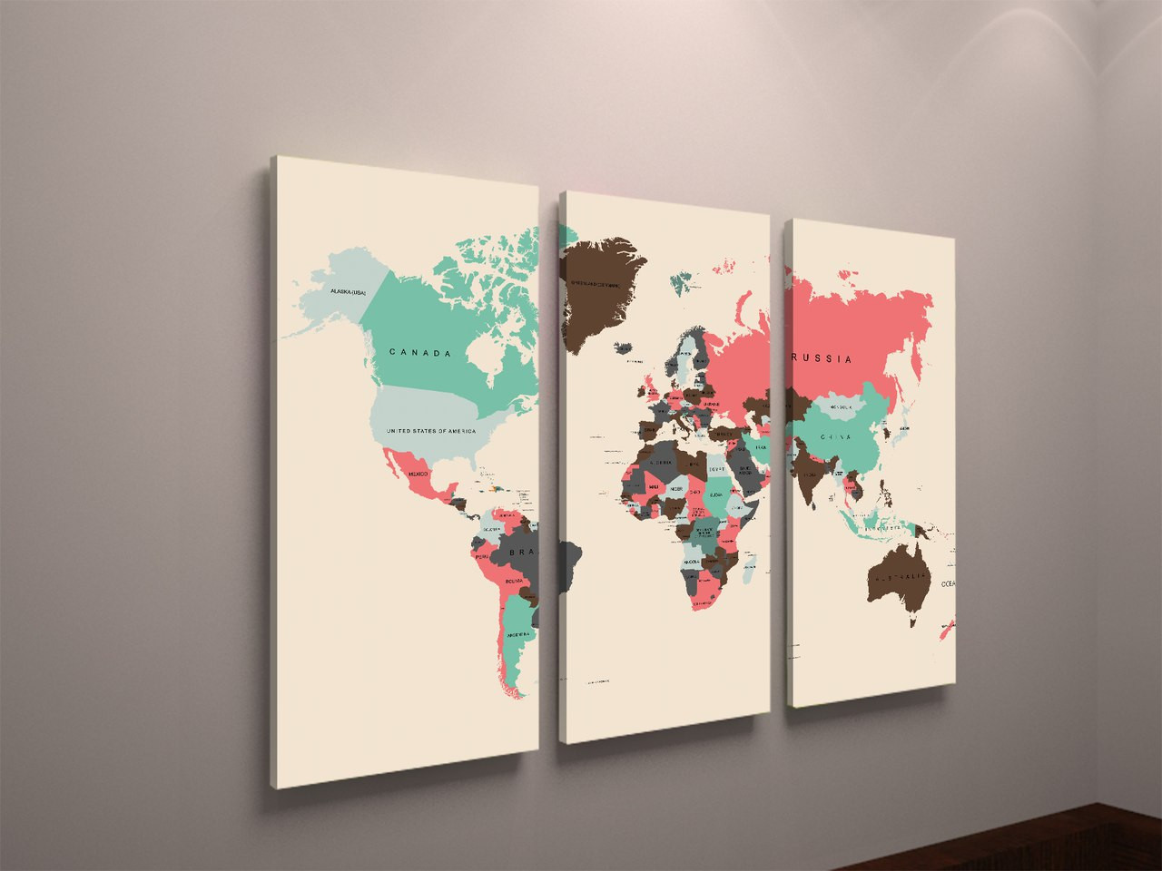 Декор для стіни Картина модульна Карта світу Континенти планети 90х60 з 3х частин