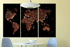 Картина модульна на полотні Нічна карта світу Континенти вночі 90х60 з 3х частин
