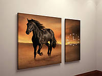 Картина на холсте настенные часы бесшумный механизм Черная лошадь Конь на закате100х60из 2-х частей
