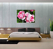 Картина рожеві півонії великі квіти настінний декор друк на полотні 90х60 з 3 частин