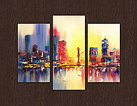 Картина Город Абстракция цветная акварельная декор в интерьер квартиры печать на холсте 90х70 из 3 частей