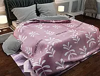Розово-серый двуспальный комплект постельного белья с листьями и надписями 180*220 из Бязи Gold Черешенка™