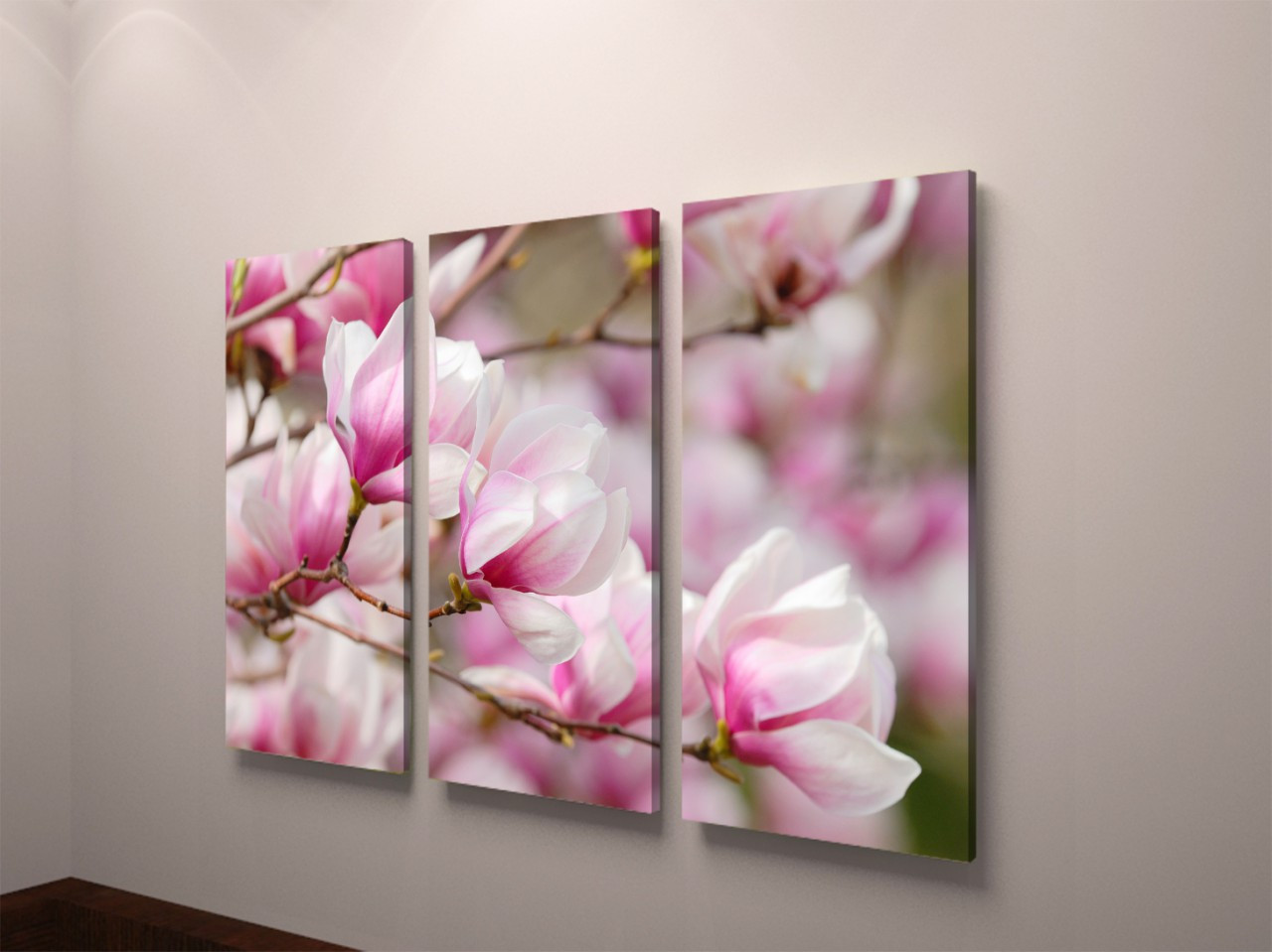 Картина модульна рожеві магнолії весняні квіти друк на полотні 90х60 з 3-х частин