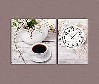 Картина для декора гостиной кухни с часами чашка Кофе на белом фоне с цветами 100х60 из 2-х частей