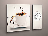 Картина с часами на кухню чашка Кофе с зёрнами на белом фоне габарит 100*60 из 2 частей