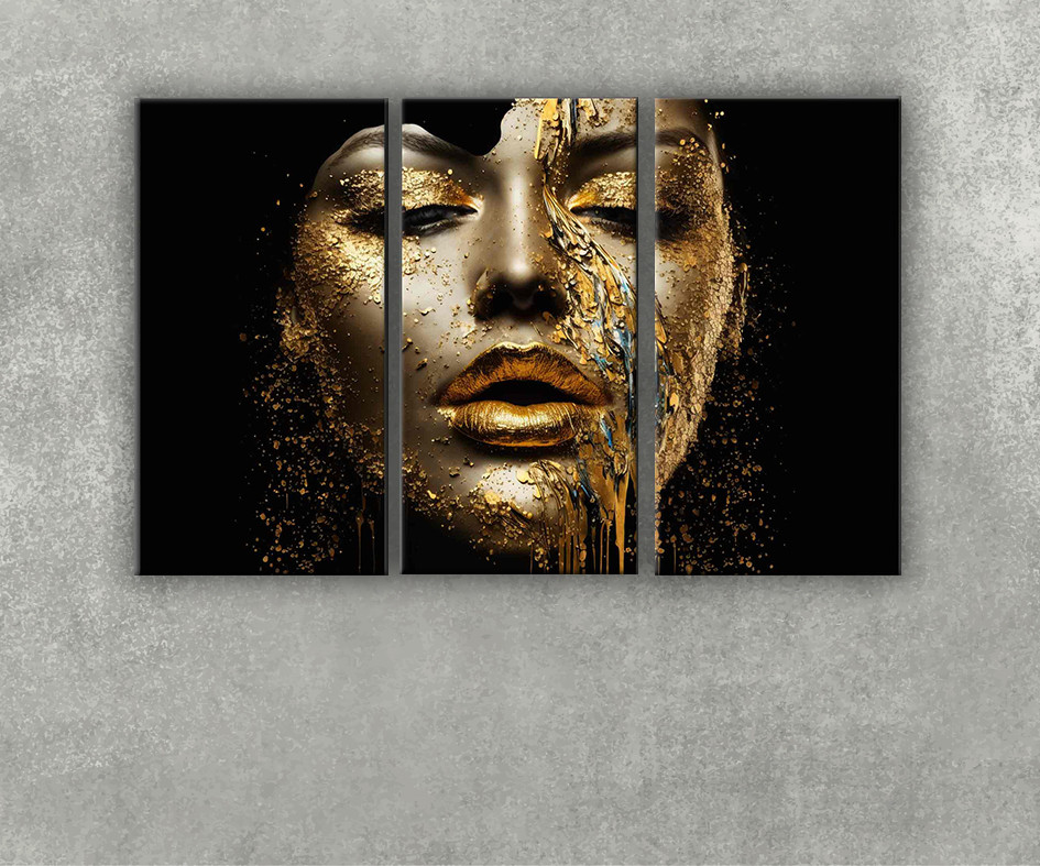 Картина дівчина на чорному фоні золоті губи яскравий макіяж з 3 частин