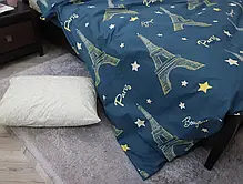 Двосторонній односпальний комплект постільної білизни Ейфелева вежа Париж 150*220 синій комбінований з Бязі Gold Черешенька ТМ, фото 6