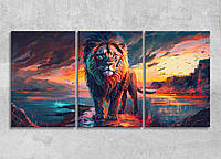 Картина панорамная с 3 частей Лев в спальню картины в зал Животные абстракция Иллюстрация на стену в офис