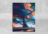Картина дерево больше в огне Вертикальные картины печать на холсте Сказочная природа на темном фоне