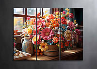 Модульная Картина Цветы в Вазе Натюрморт Букет Цветов Яркая Картина на Стену Декор на Подарок в Гостиную Арт