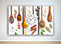Настенные часы для кухни Яркая картина, Специи, Ложки Зелень 90х60см из 3х частей