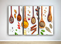 Картина для кафе, кухні Яскраві спеції, Сучасний натюрморт, Дерев'яні ложки 90х60см з 3х модулів