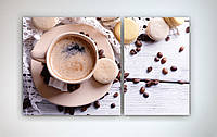 Картина на полотні для кухні Чашка кава, Кавові зерна, Макаруни Бежевий колір 100х60см з 2 частин