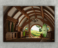 Картина Властелин Колец сказочный домик хоббита Круглые деревянные двери Волшебные домики 60x40
