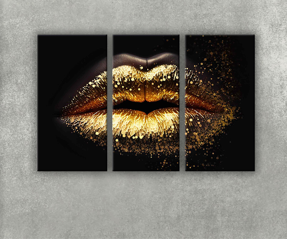 Картина золоті губи на чорному фоні Яскравий макіяж блискітки на губах з 3 частин модульні картини в салон краси