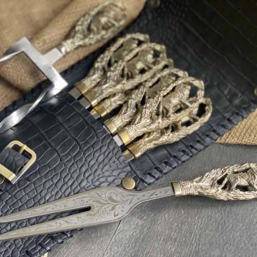 Набір шампурів "Леви", подвійний шампур і вилка, рукоять лиття з бронзи в закритому сагайдаку зі шкіри, фото 1