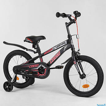 Велосипед 16" дюймів 2-х колісний CORSO сталева рама, ручне гальмо, додаткові колеса, зібраний на 75% в коробці