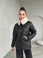 Куртка женская Демисезонная с меховым воротником Тедди Ткань лаке + силикон 150 Размер 42-44,46-48,50-52